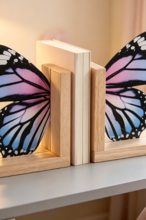 Butterfly-Shaped Wood & Acrylic Bookends – Modern Decor (Set of 2)