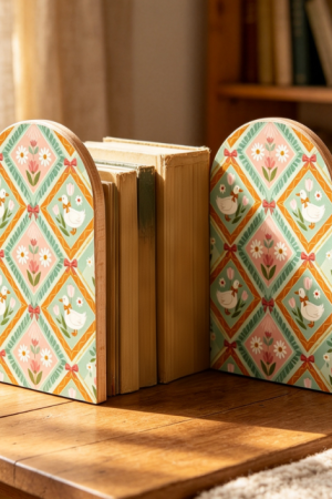 Floral and White Goose Pattern Wooden Bookends – Non-Slip Design (Set of 1 Pair)