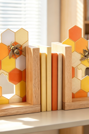 Honeycomb Pattern Wooden Bookends – Modern Style – Pair